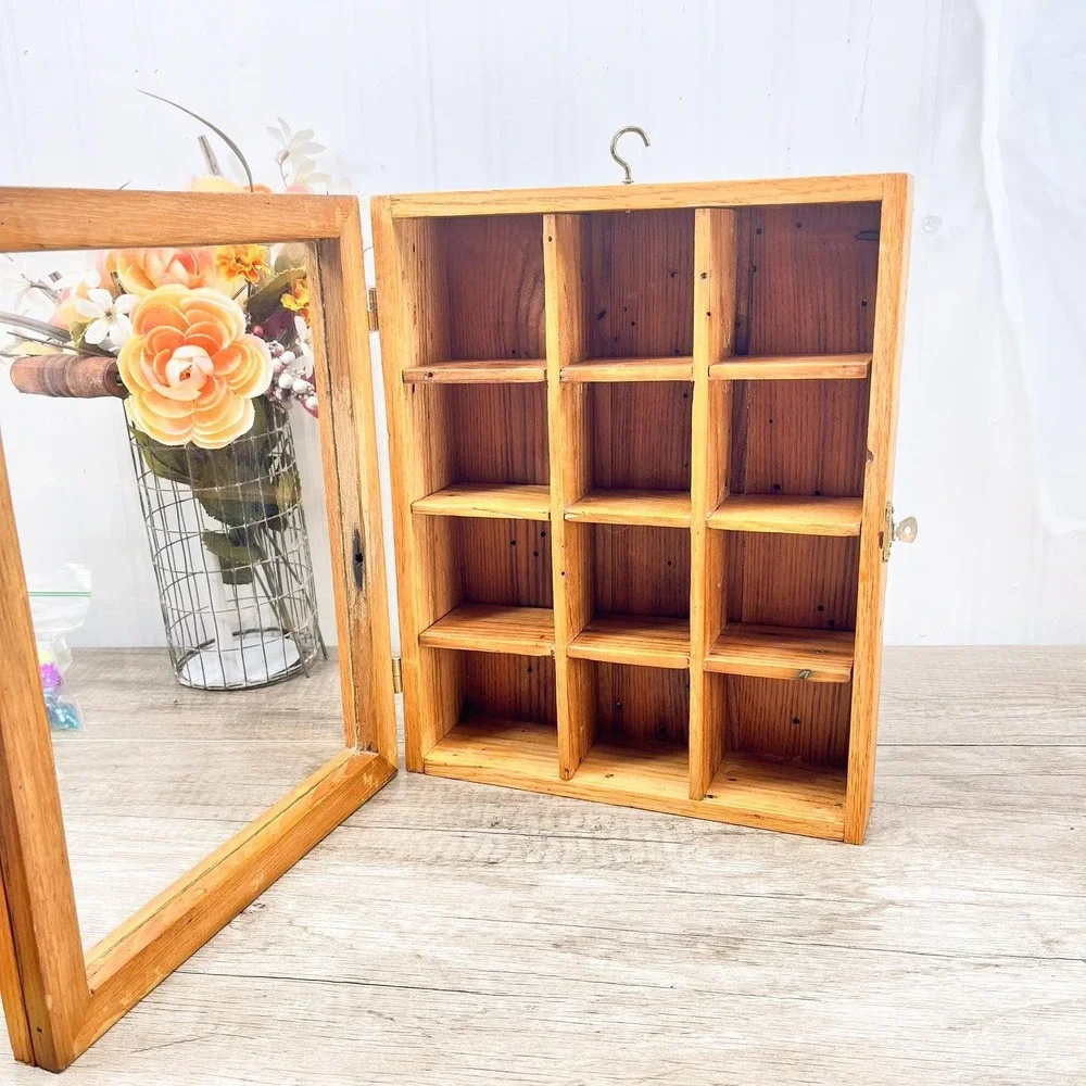 Vintage Natural Wood Curio Cabinet with Glass Door